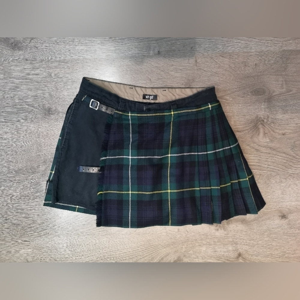 Plaid Pleated Denim Hybrid Mini Kilt Skirt, Upcycled